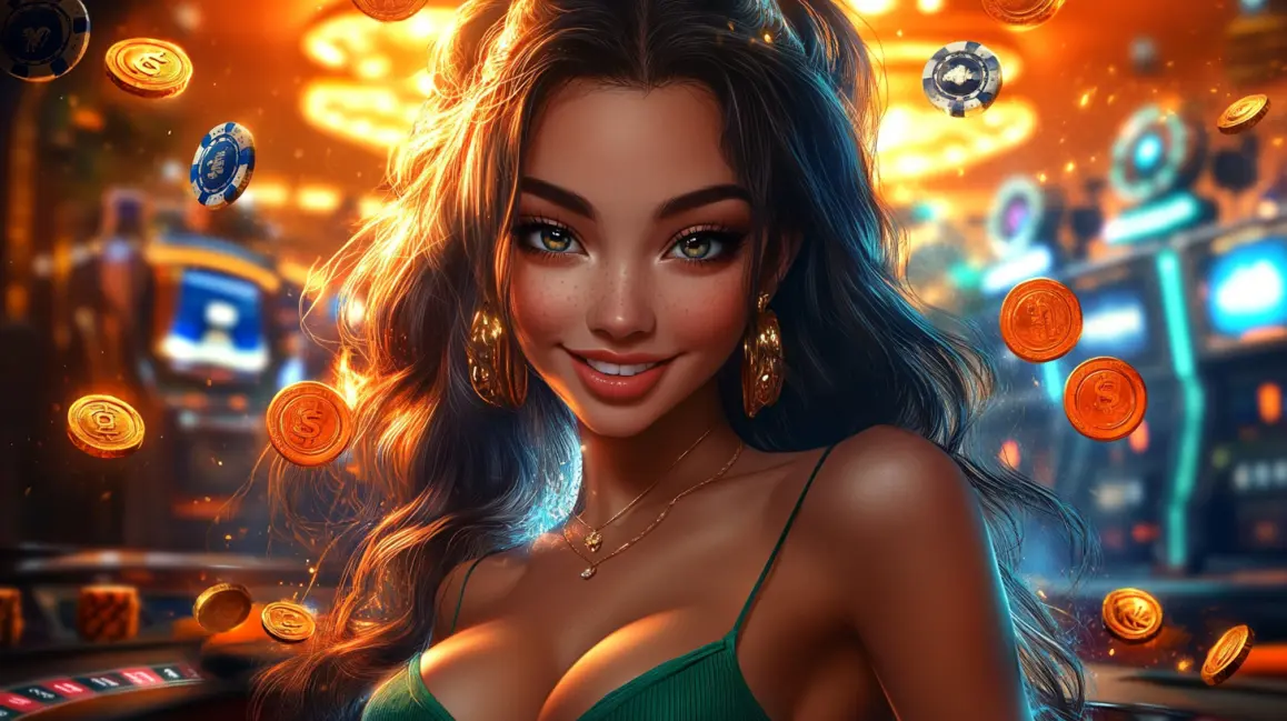 Go Wild with Fun Casino Games at JL16. A charming woman in a green top stands with a monkey in a top hat, surrounded by floating coins in a vibrant casino, representing the fun and wild adventures at JL16.