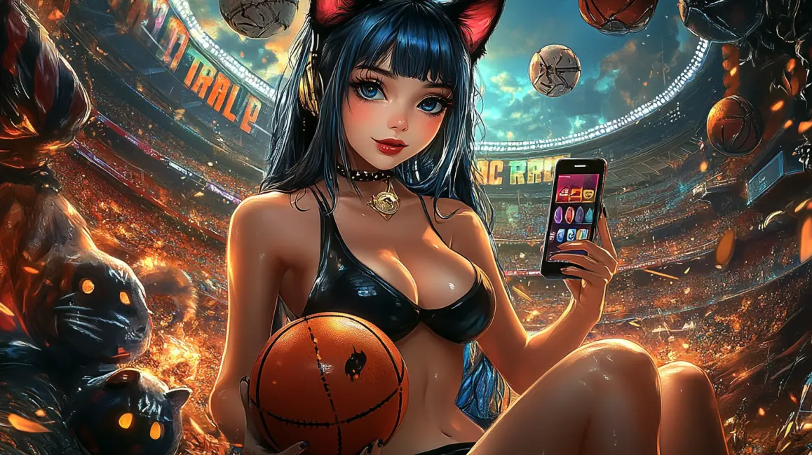 Place Your Winning Bets with the JL16 App. A trendy woman with cat ears and a 'BETTING' t-shirt uses her phone in a stadium, ready to place her bets and win big on her favorite teams with the JL16 app.