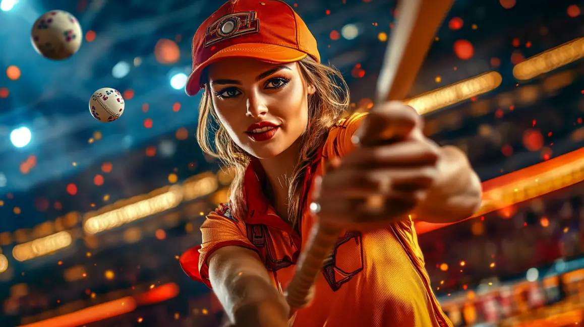 A female cricketer in a red helmet takes a powerful swing, with bokeh lights in the background, showcasing the dynamic action you can bet on with JL16.