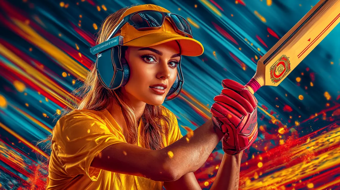 A focused female cricket player from the Indian national team is ready to bat, representing the passion and excitement of betting on international cricket matches at JL16.
