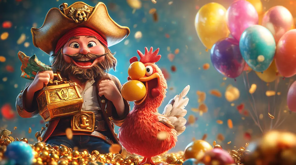 Discover a Treasure Trove of Fun at JL16. A cheerful pirate captain and his rooster companion celebrate with a treasure chest, representing the fun themes and huge treasures you can find in slots at JL16.