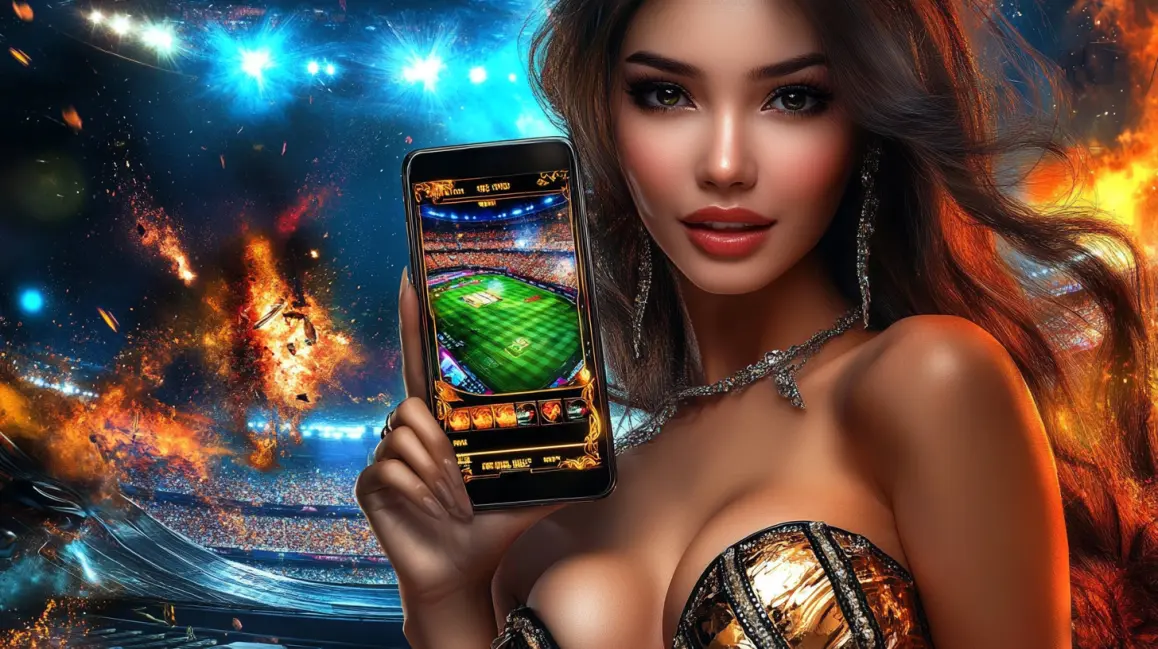 A woman in a fiery stadium holds a phone showing a sports-themed slot game, blending the excitement of live sports with the thrill of spinning for a jackpot at JL16.