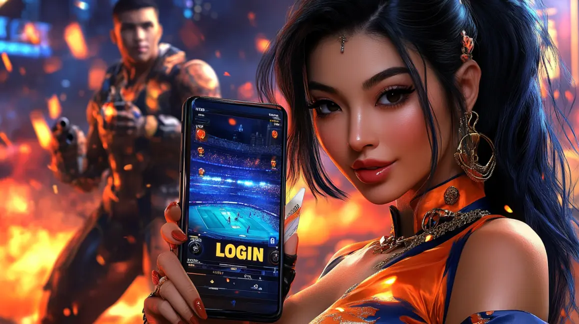 A woman in a fiery, action-packed setting holds a phone with the JL16 login screen, inviting you to join the high-octane world of mobile sports betting and gaming.