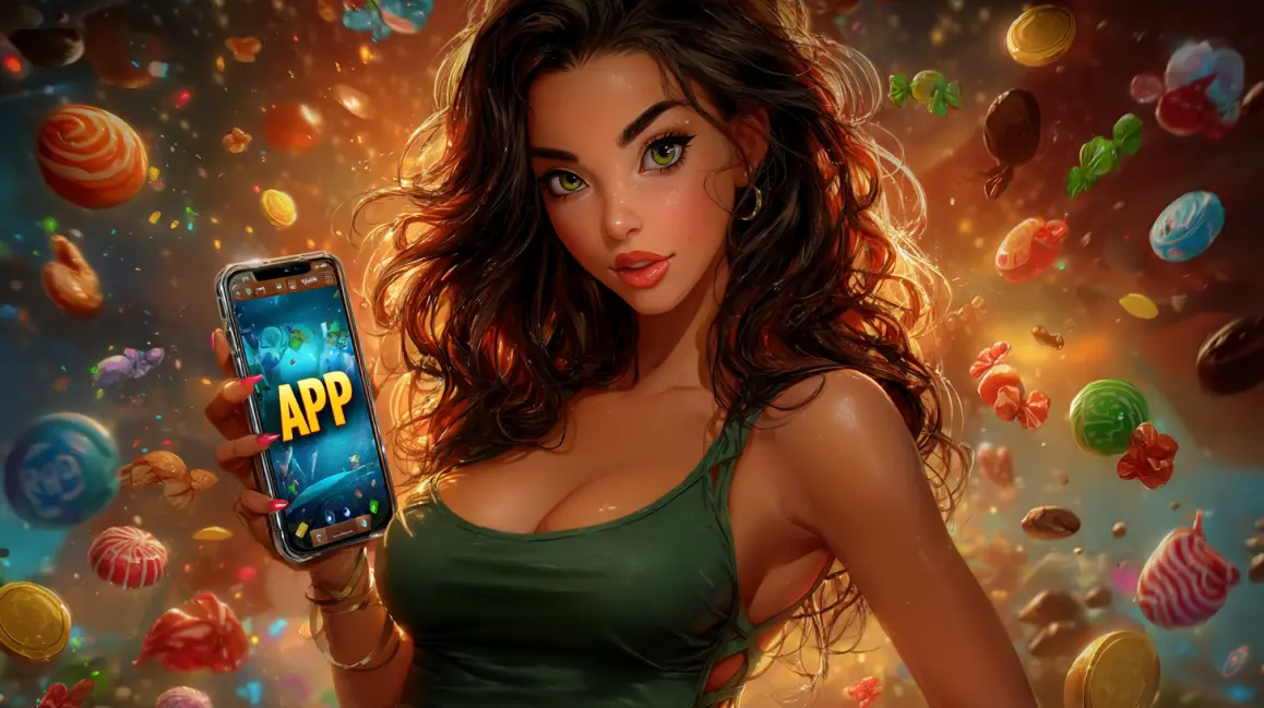 A woman holds a phone with a candy-themed game from the JL16 app, with the word 'APP' in large letters, inviting you to download and enjoy a world of sweet wins.