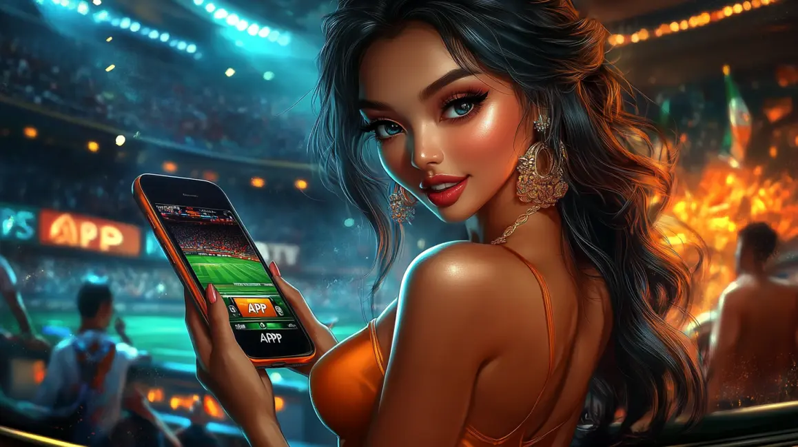 In a packed stadium, a woman holds a phone showing the JL16 app, your all-access pass to live sports betting and instant, in-play wagers on every game.