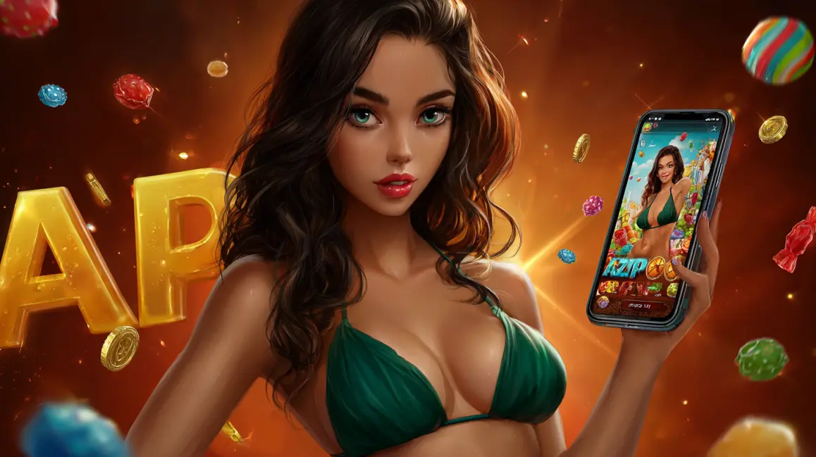 A woman in a green bikini holds a phone showing a mobile slot app, surrounded by candies, highlighting the fun and rewarding games you can play on the JL16 app.